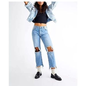 Free People Maggie Mid Rise Straight Leg Jeans Size 28 Blue Distress Frayed